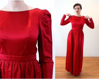 80s Couture Silk Column Dress S, Vintage Red Elegant "Elizabeth Cannon" Long Formal Custom Made Gown, Small