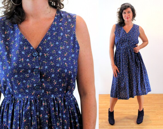70s Blue Calico Sundress M, Vintage Prairie Navy F