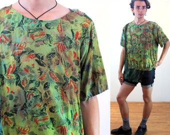 90s "Uru Uru" Avant Garde Top, XL One Size, Vintage Green Abstract Floral Unisex Layered Pullover Hippie Shirt, AS IS, Extra Large