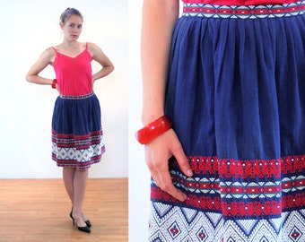 60s Cotton Guatemalan Skirt S, Vintage Blue Mayan Hand Woven Boho Folkloric A-Line Skirt, Small