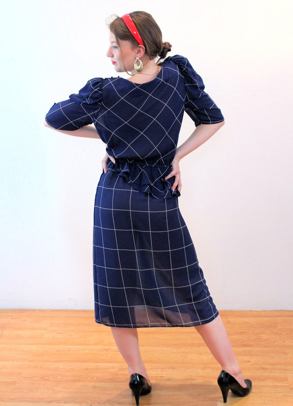 80s Plaid Peplum Dress S, Vintage Navy Blue Semi … - image 3