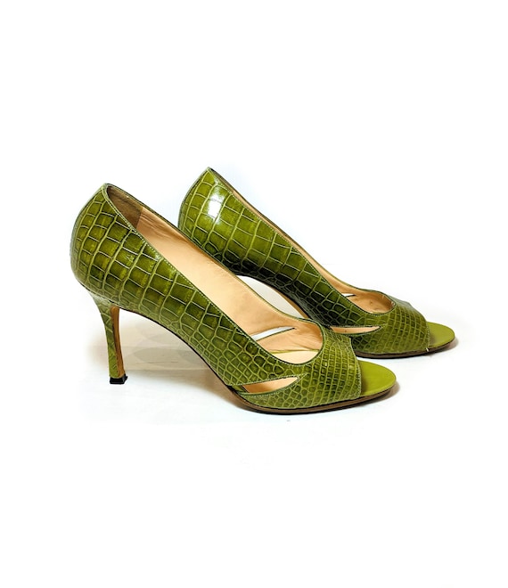 Y2K Manolo Blahnik Alligator Pumps 37.5, Vintage Green Gator