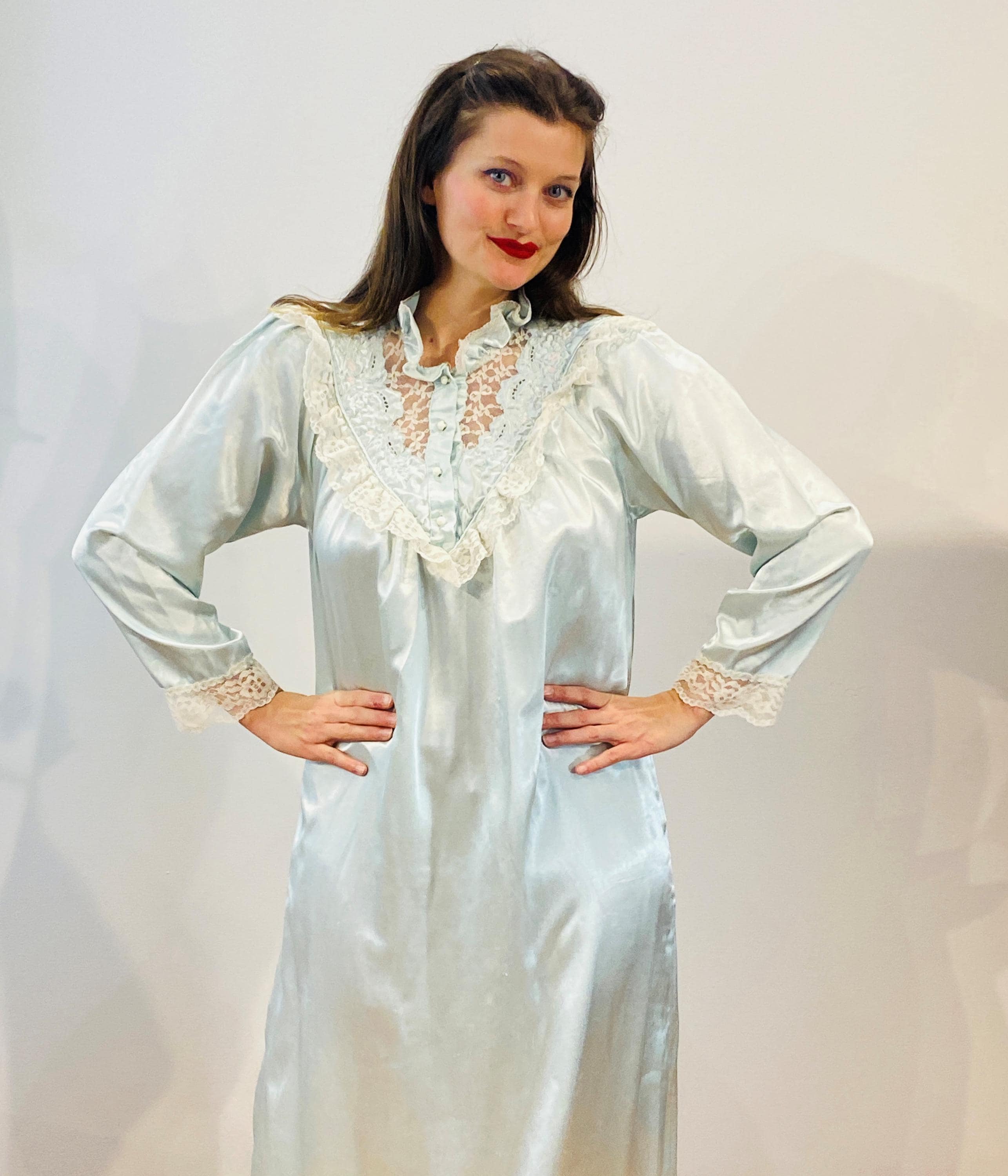 80s Blue Satin Nightgown S, Vintage Silky Victorian Style Lace