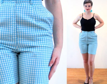 60s Blue Gingham Shorts S, Vintage Turquoise Checkered Plaid Saks Fifth Ave Retro Walking Bermuda Shorts, Small