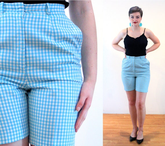 60s Blue Gingham Shorts S, Vintage Turquoise Chec… - image 1