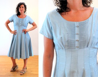 50s Satin Party Dress M, Vintage Blue Moire 1950s Belted Full Skirt Rhinestone Buttons Cocktail Dress, Medium