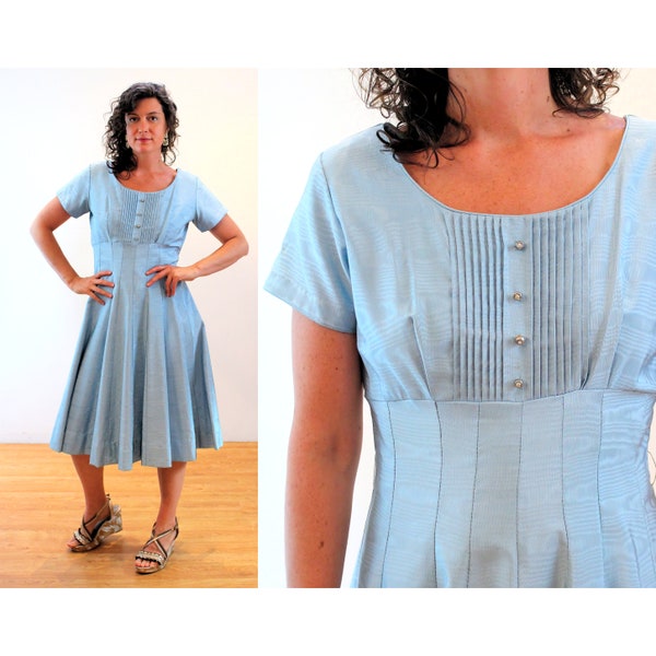 50s Satin Party Dress M, Vintage Blue Moire 1950s Belted Full Skirt Rhinestone Buttons Cocktail Dress, Medium