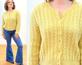 60s Hand Knit Cardigan M, Vintage Butter Yellow Cable Knit Cheerful Cute Retro Wool Moonglow Buttons Sweater, Medium
