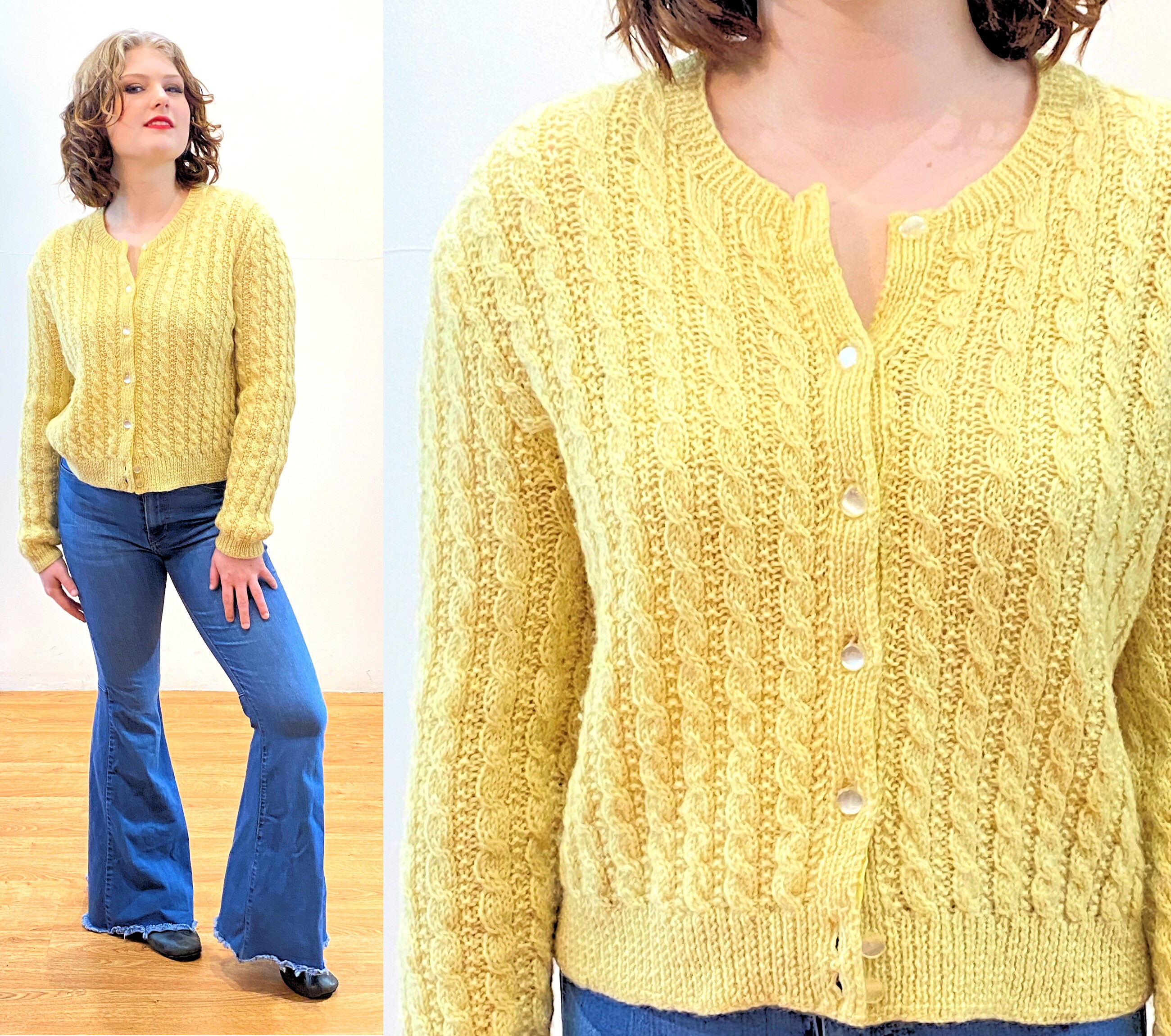 60s Hand Knit Yellow Cardigan M, Vintage Cable Knit Cheerful 60s Hand Knit Yellow Cardigan M, Vintage Cable Knit Cheerful