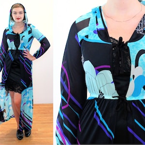 70s Mod Hooded Cloak S, Vintage Blue Psychedelic Print Swimsuit Coverup Rare Elizabeth Stewart Designer Saks 5th Ave Duster Dress, Small image 1