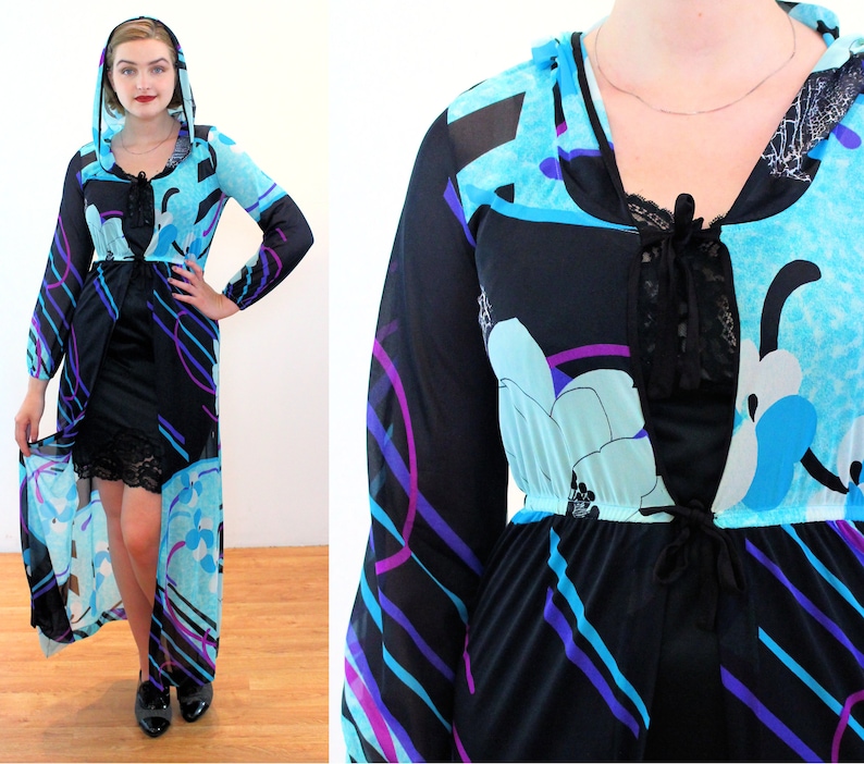 70s Mod Hooded Cloak S, Vintage Blue Psychedelic Print Swimsuit Coverup Rare Elizabeth Stewart Designer Saks 5th Ave Duster Dress, Small image 1