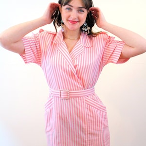 80s Pink White Striped Dress M, Vintage Cute &quot;Jenny&quot; Summer Retro 1980s Candy Stripe Sheath Shirtdress, Medium