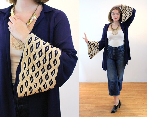 1930s Bell Sleeve Jacket M, Navy Blue Rayon Crepe