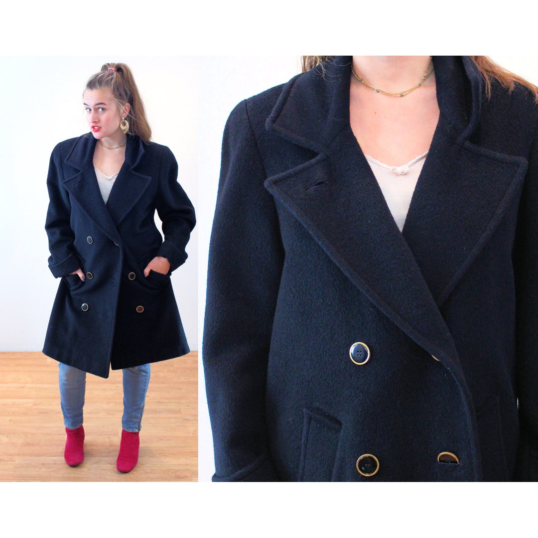 80s Mohair Wool Coat M Vintage Black Double Breasted Knee - Etsy