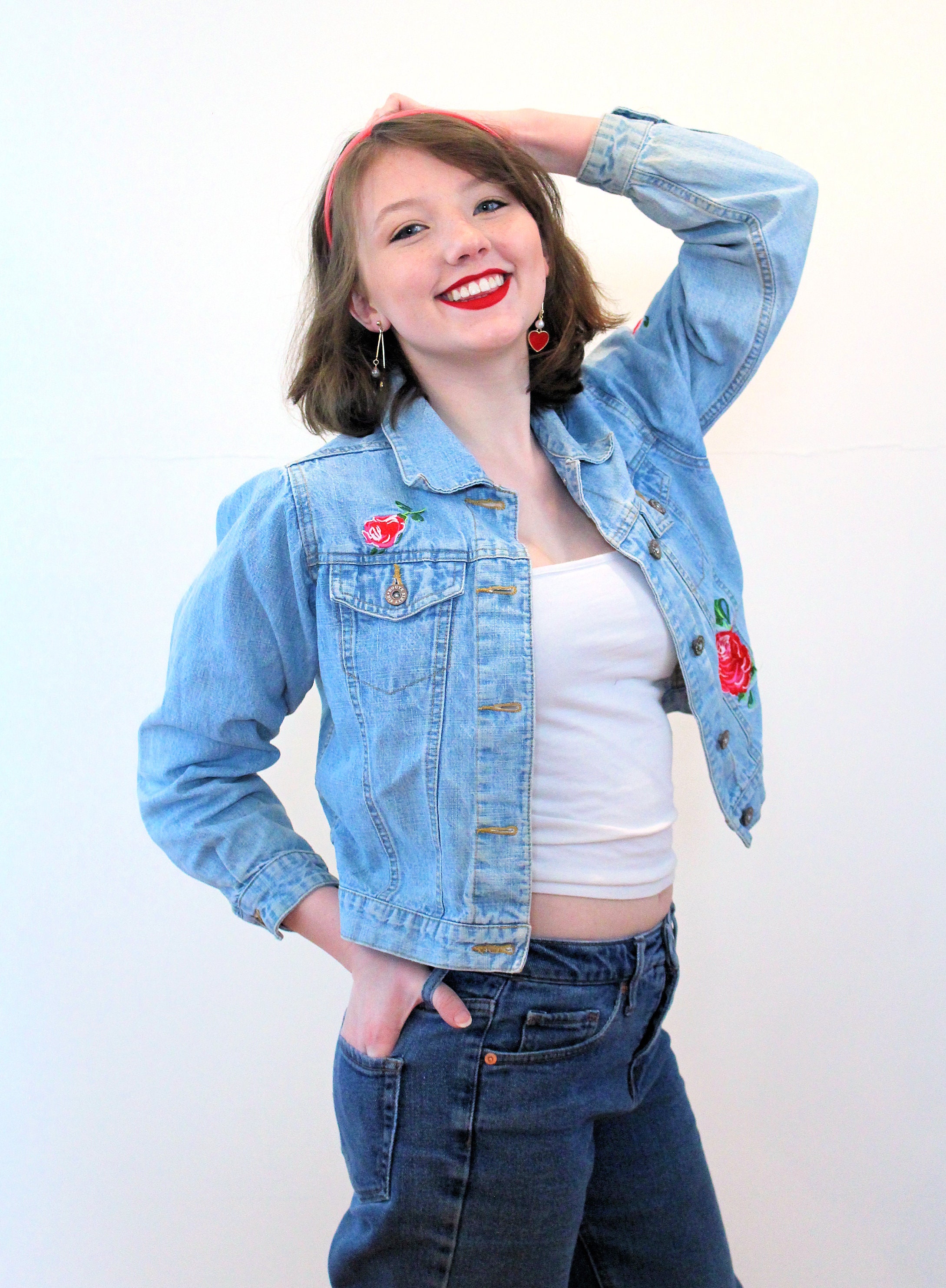 90s Embroidered Jean Jacket XXS, Vintage Blue Pink Roses