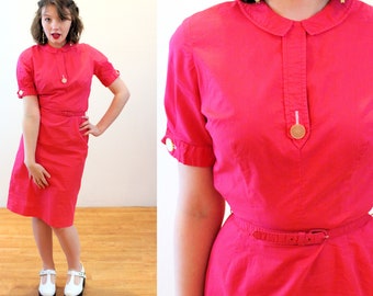 50s "Bobbie Brooks" Cotton Dress XS, Vintage Pink Bright Colorful Short Sleeve 1950s Retro Sheath, Extra Small