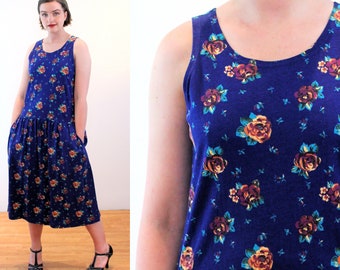 90s Floral Sundress S M, Vintage Blue Heavy Cotton Dropped Waist "Styles to Go" Boho Sleeveless Midi Dress, Small Medium