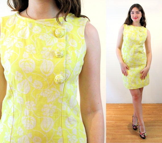 60s Yellow Matelasse Dress M, Vintage Mod "Luigi … - image 1