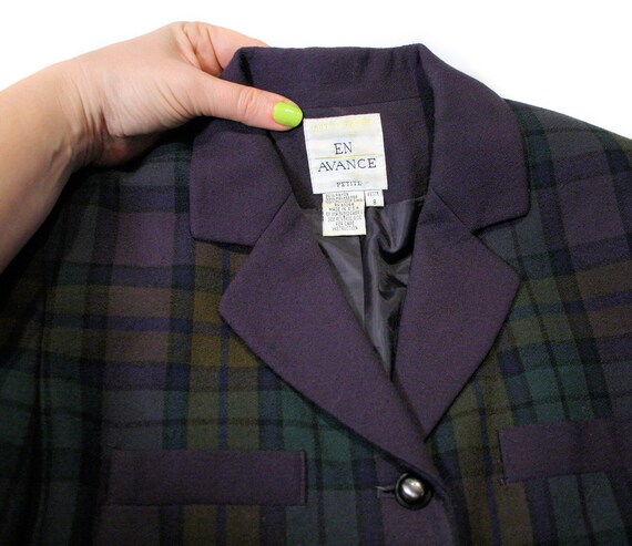 80s Boxy Plaid Jacket M, Vintage Dark Purple Gree… - image 6