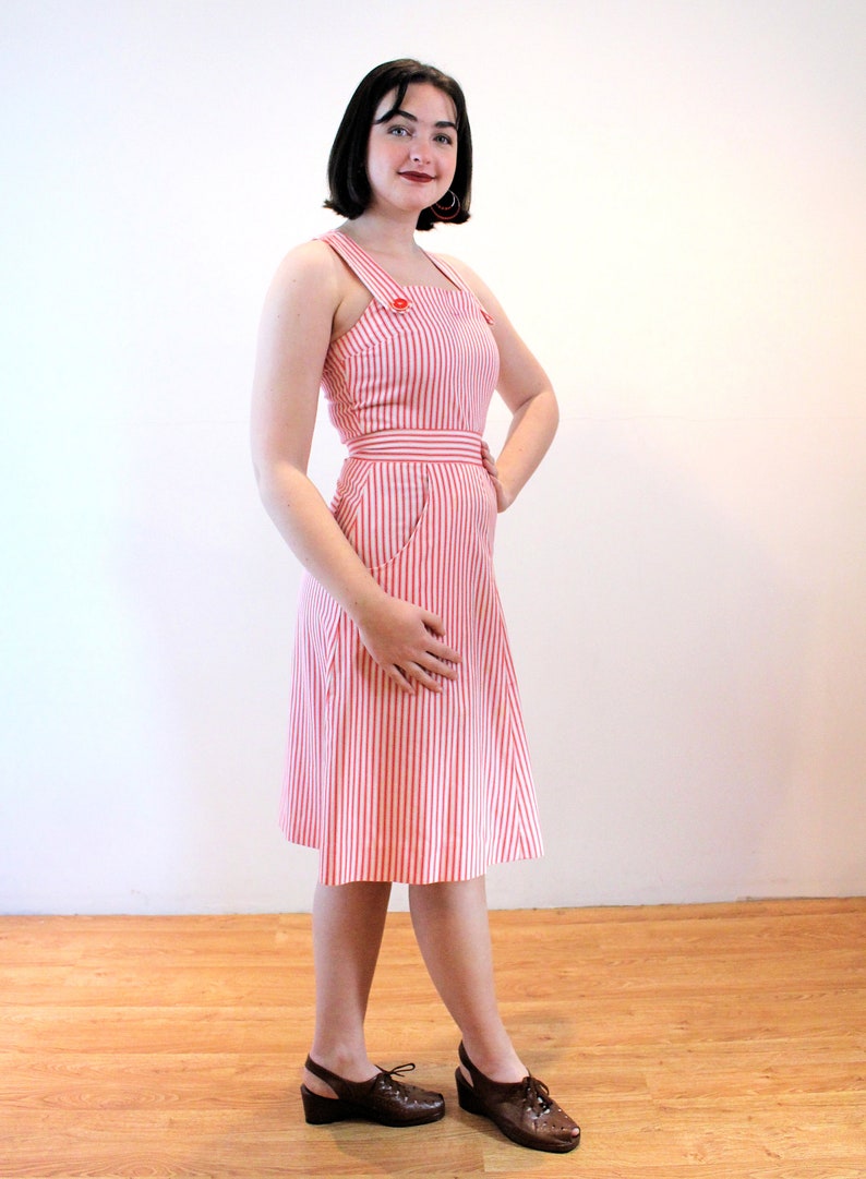 70s Candy Stripe Overalls Dress S Small Red White Vintage Suspenders Sundress