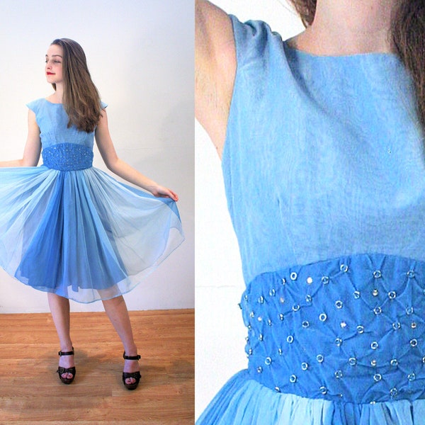 50s Blue Ombre Party Dress XS, Chiffon Rhinestones Vintage Fit 'N Flare 1950s New Look Prom, Extra Small