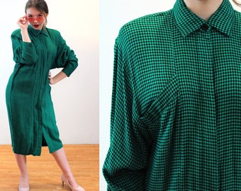 80s Green Houndstooth Sack Dress S, Vintage Teal "Moda International" Comfy Checkered Avant Garde Shirtdress, Small