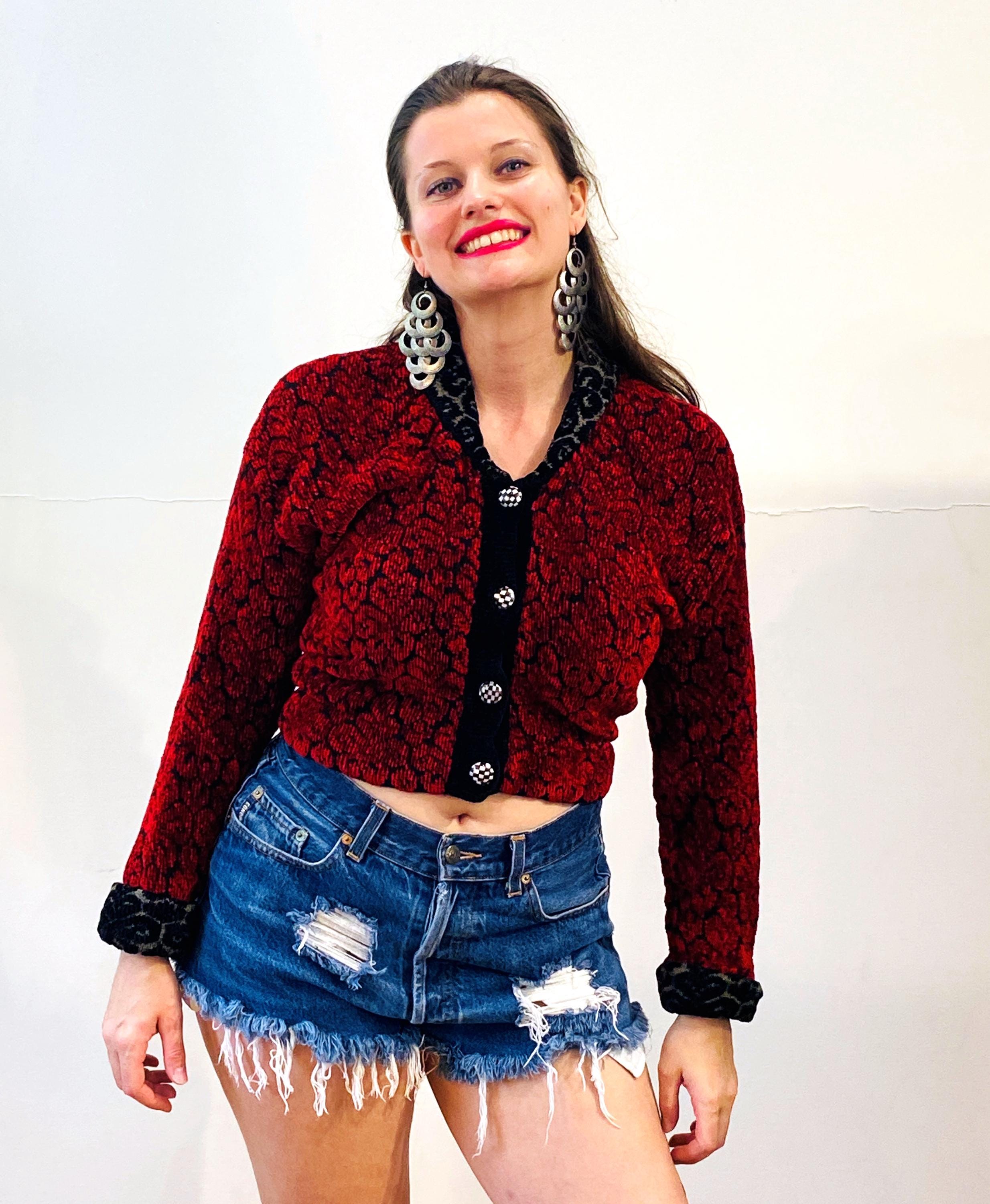 90s DIA Red Chenille Cardigan S, Vintage 1999 Geometric Pattern