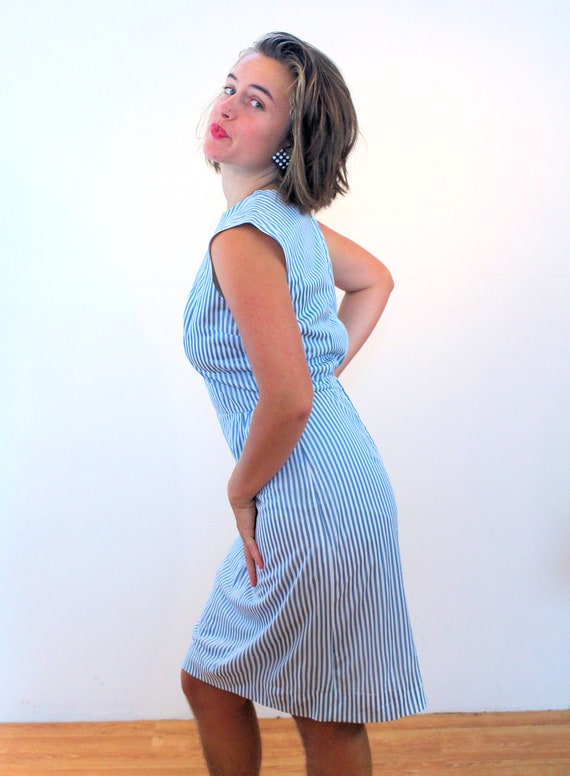 60s Blue White Striped Dress M, Vintage 1960s Cla… - image 2
