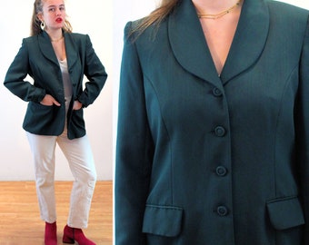 90s Laura Ashley Jacket M, Vintage Dark Green Classic Tailored Wool Blend Gabardine Shawl Collar Blazer Made in Great Britain, Medium