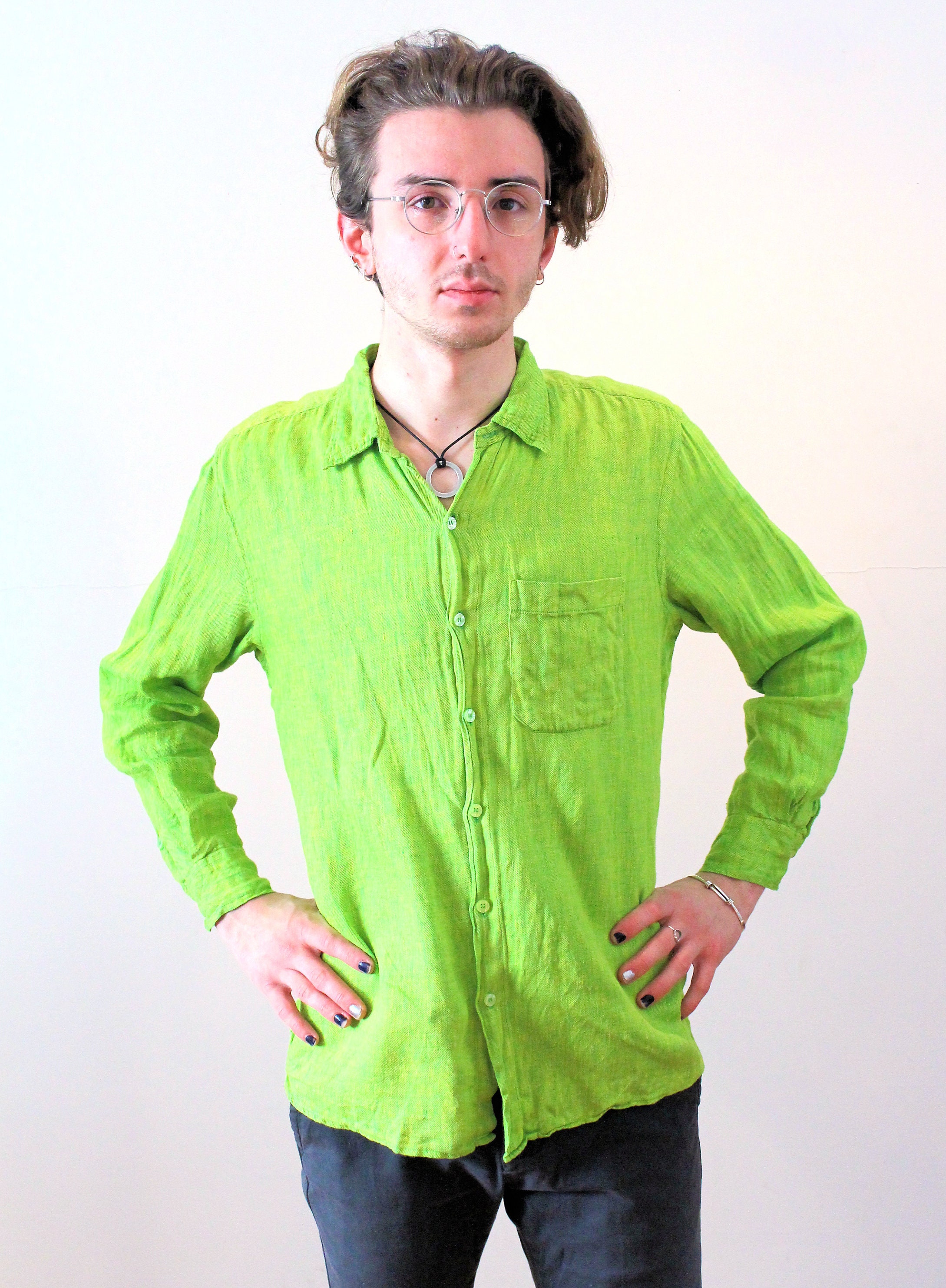Y2K Acid Spring Green Cotton Shirt M L, Vintage India