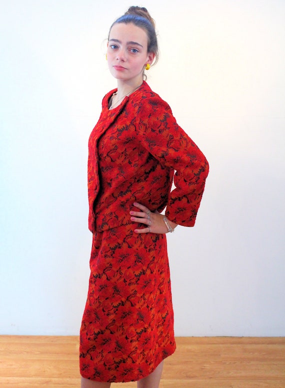 60s Red Tapestry Skirt Suit S, Vintage Orange Two… - image 2