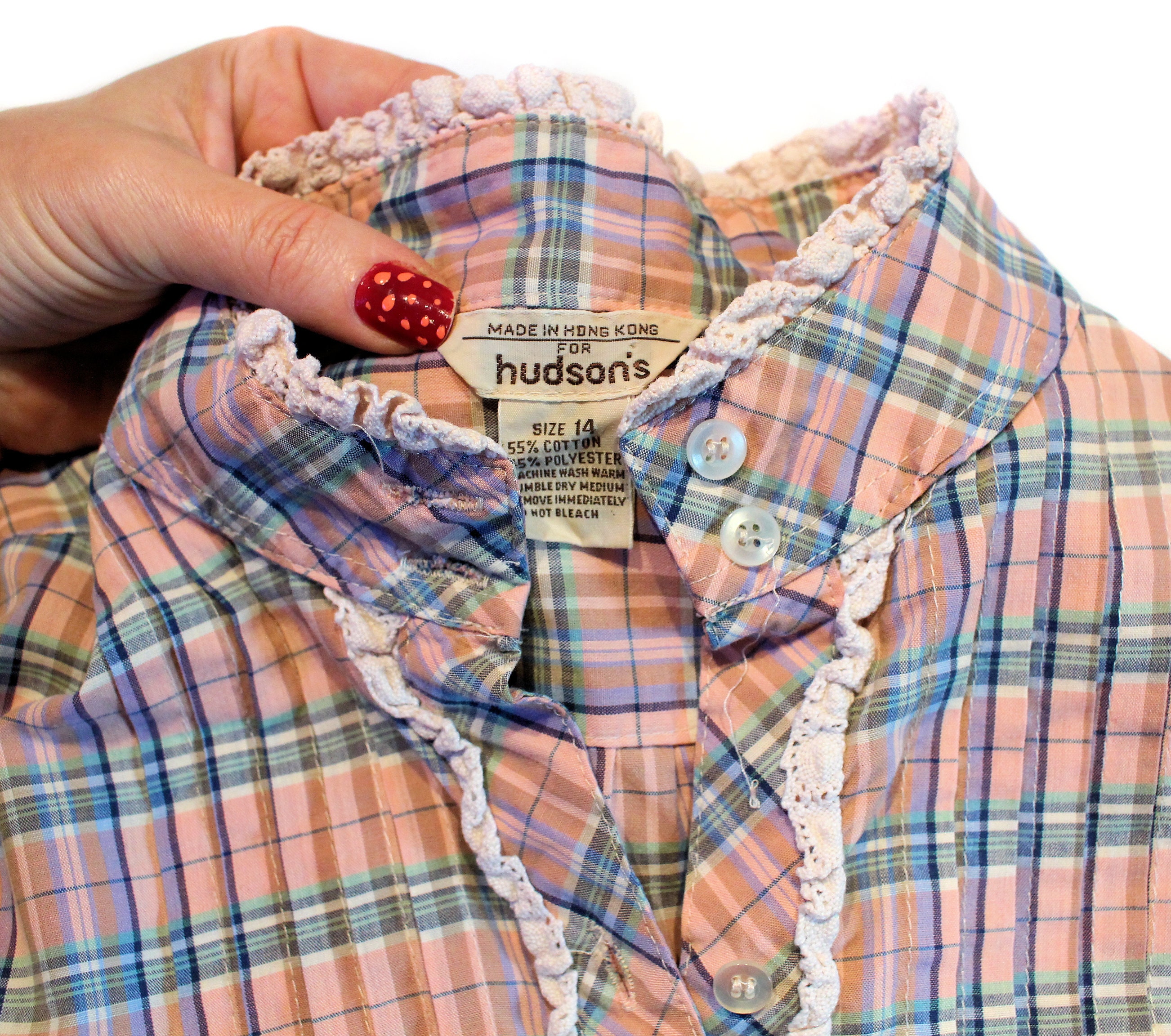 70s Plaid Granny Blouse L, Vintage Pink Pleated Demure