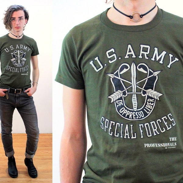 70s US Army Special Forces T-Shirt S M, Vintage Green Berets Rare Olive Drab "Harvey Sport Wear" Military Commando Tee, Small Medium