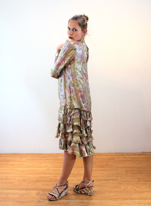 80s Couture Silk Dress M, Vintage Pastel Gray Pin… - image 5