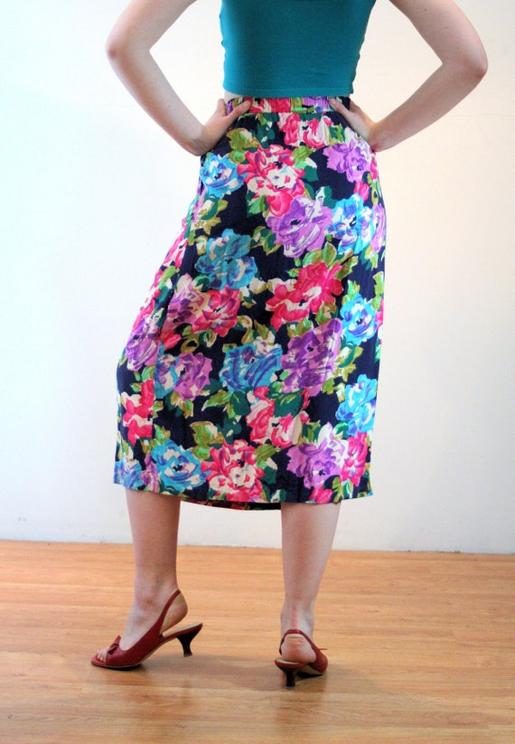80s Colorful Floral Skirt S, Vintage Bright Rayon… - image 3