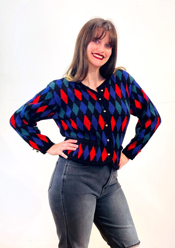 80s Harlequin Cardigan M, Vintage Colorblock Argyle Knit