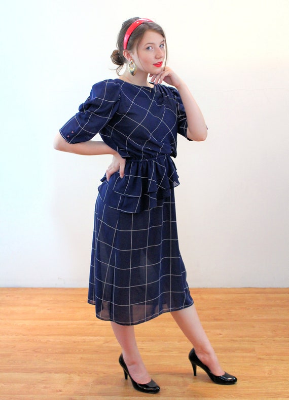 80s Plaid Peplum Dress S, Vintage Navy Blue Semi … - image 2