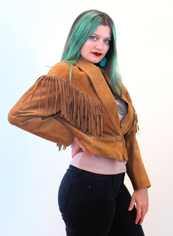 80s Suede Fringed Jacket M, Vintage Brown Western… - image 4