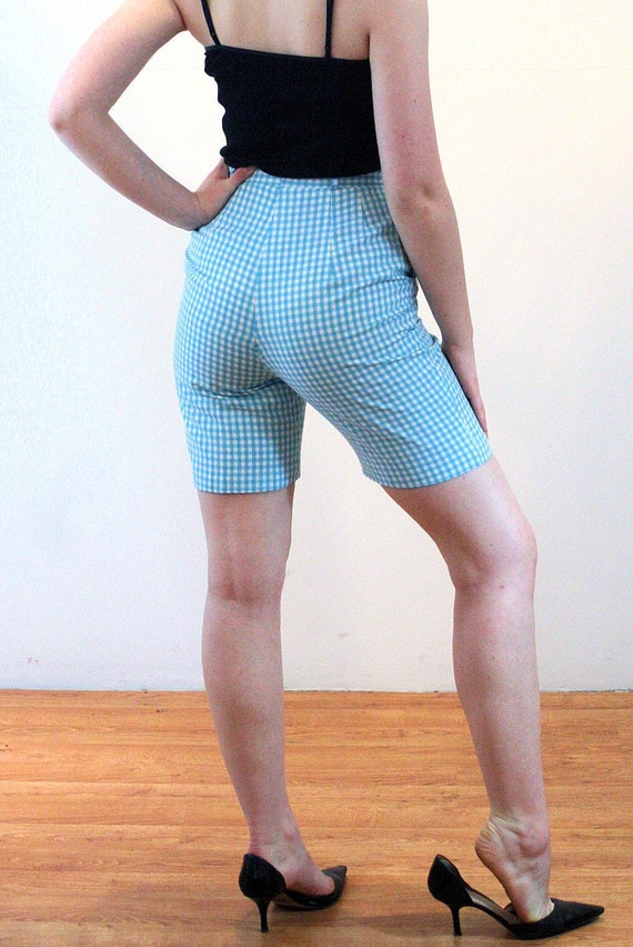 60s Blue Gingham Shorts S, Vintage Turquoise Chec… - image 3