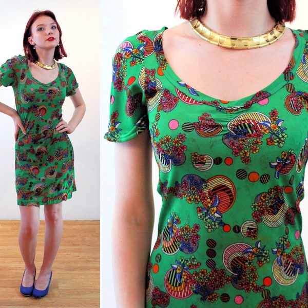 70s Mod Novelty Print Dress XS, Vintage Green Psychedelic Floral Nylon Short Sleeve Retro Mini Dress, Extra Small
