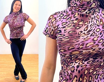 90s Leopard Print Top XS, Vintage Purple Leopard Stretchy Spandex Bodycon Y2K Designer Short Sleeve Turtleneck Pullover, Extra Small