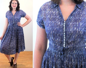 50s "Nelly Don" Sheer Chiffon Dress S M, Vintage Blue Mid Century Modern Wiggly Line Print 1950s Retro Shirtwaist, Small Medium