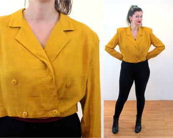 80s Yellow Linen Jacket M, Vintage Mustard Golden Orange Boxy Cropped "Daily Habit" Retro Blazer, Medium