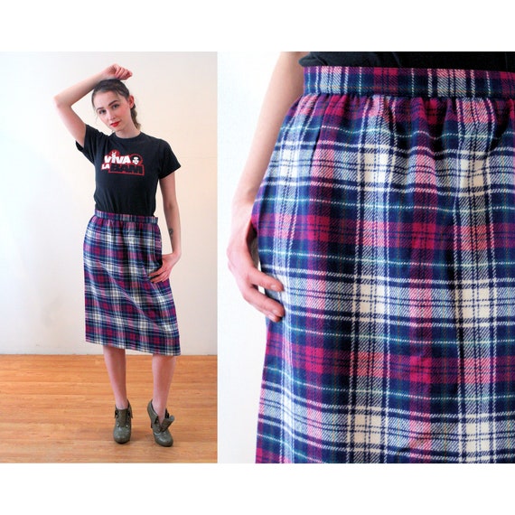 70s Pink Plaid Wool Skirt M, Vintage Fuchsia Navy… - image 1