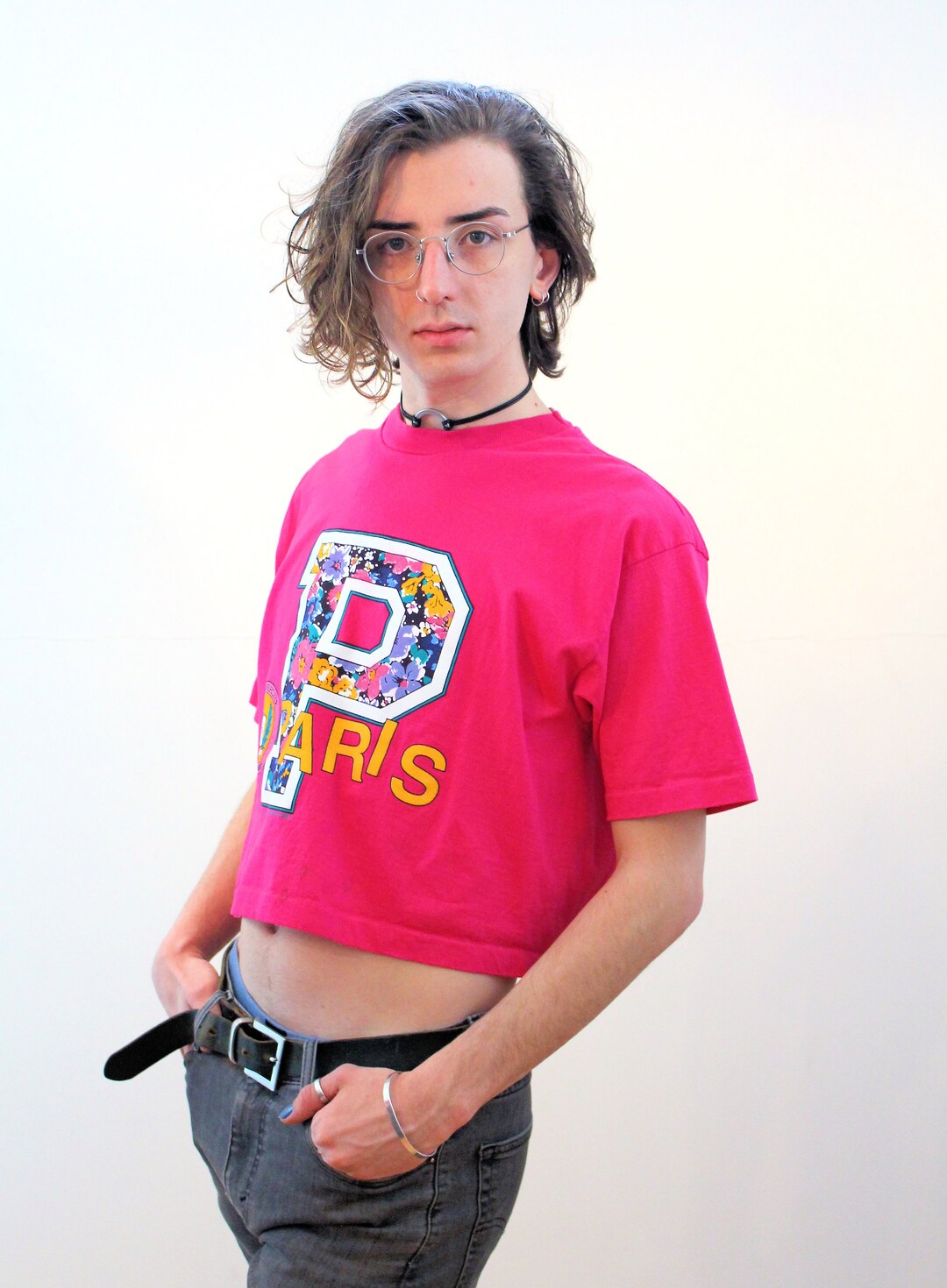 90s Paris University Cropped T-shirt OSFA XL, Vintage 1992 Pink
