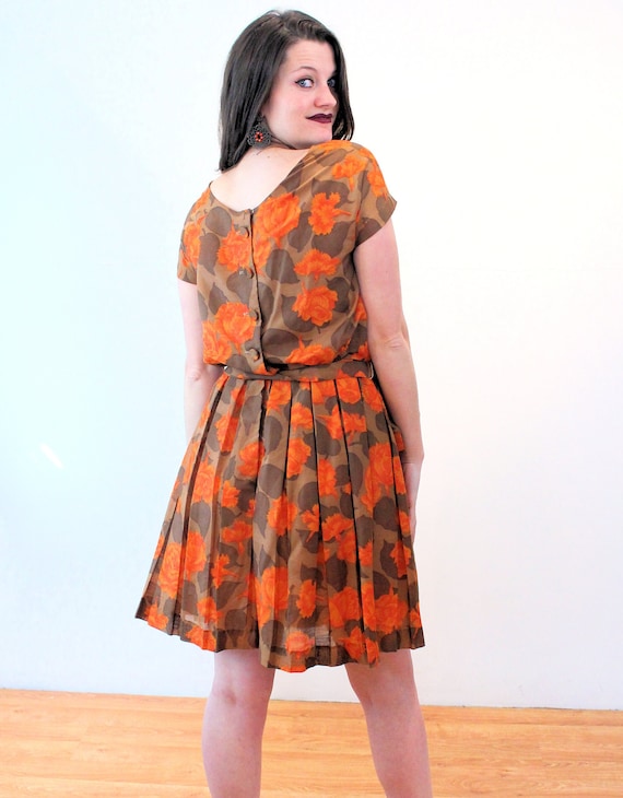 60s Autumn Floral Dress S, Vintage Orange Brown P… - image 3
