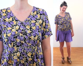 90s "Putumayo" India Blouse S, Vintage Purple Floral Rayon Boho Hippie Fitted Top, Small