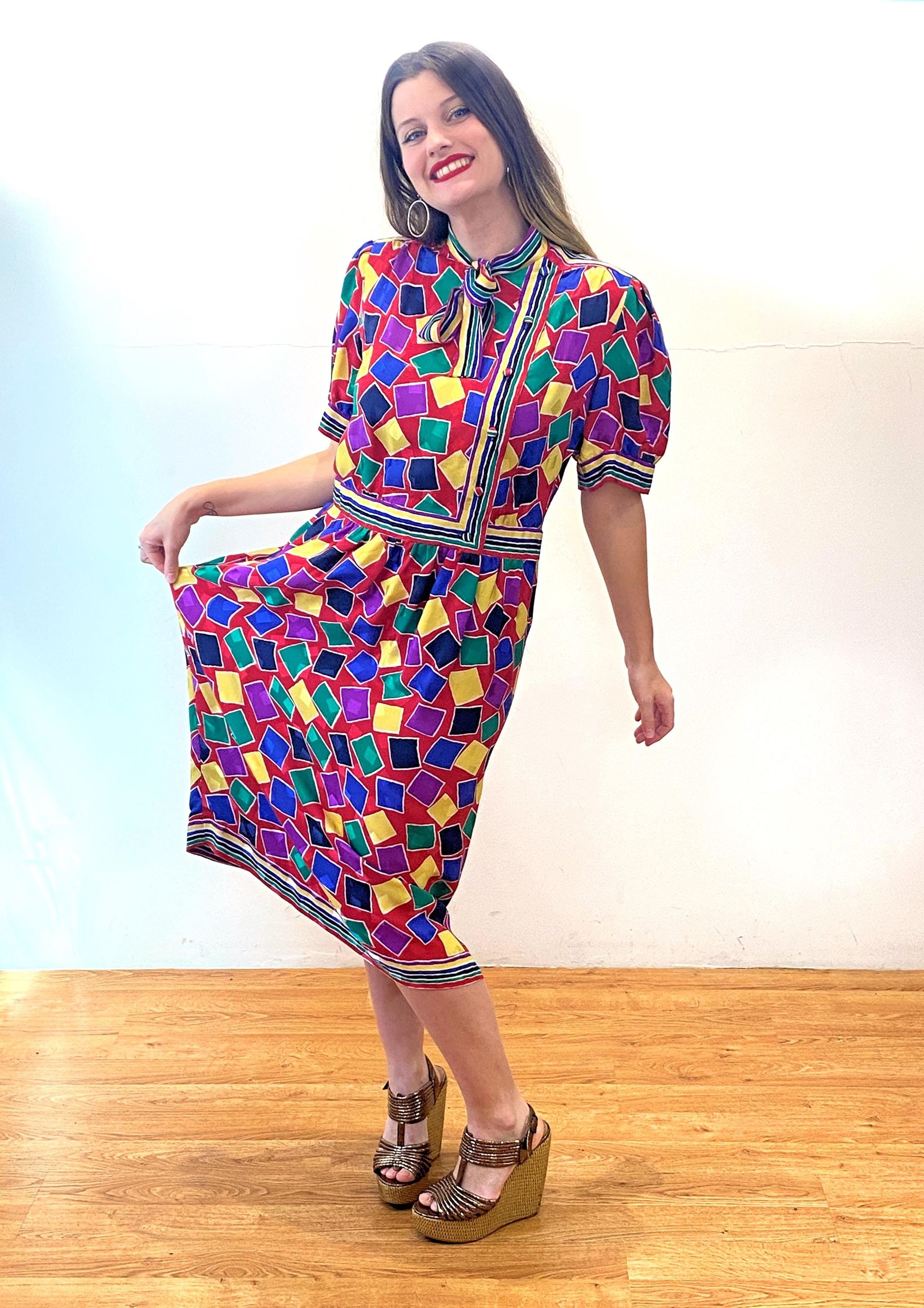 80s Albert Capraro Silk Dress M, Vintage Colorblock Geometric