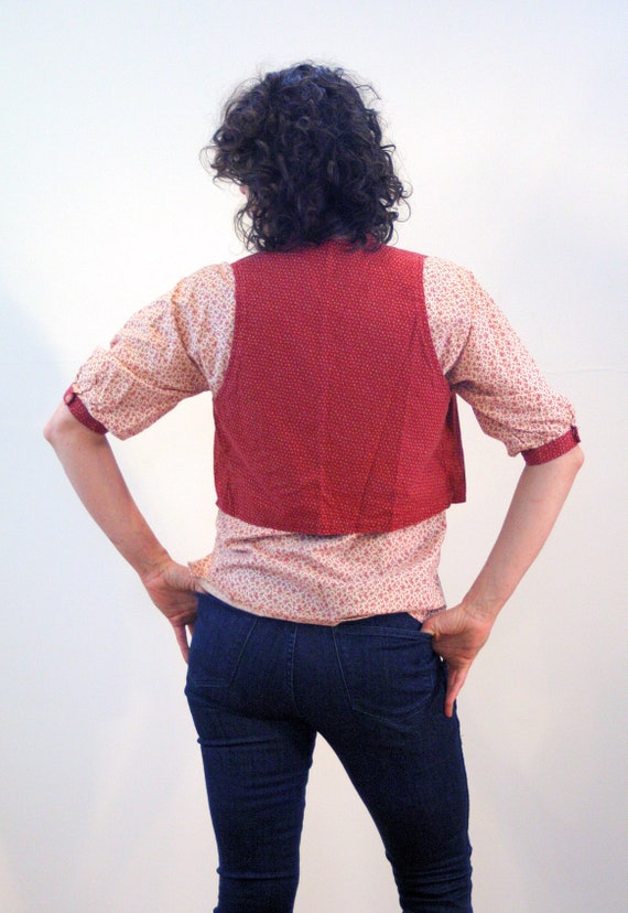 70s Calico Blouse and Vest Set S, Vintage Red Pra… - image 3