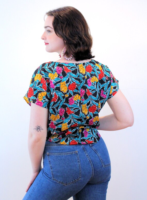 80s Jewel Tone Floral Top M, Vintage Black Pink T… - image 3